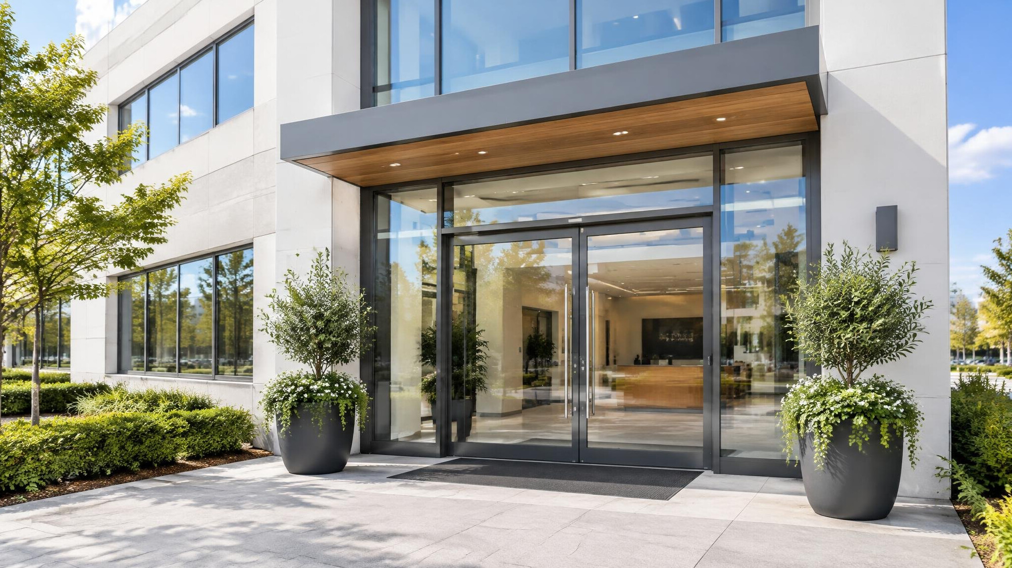 Welcoming office building entrance with glass door